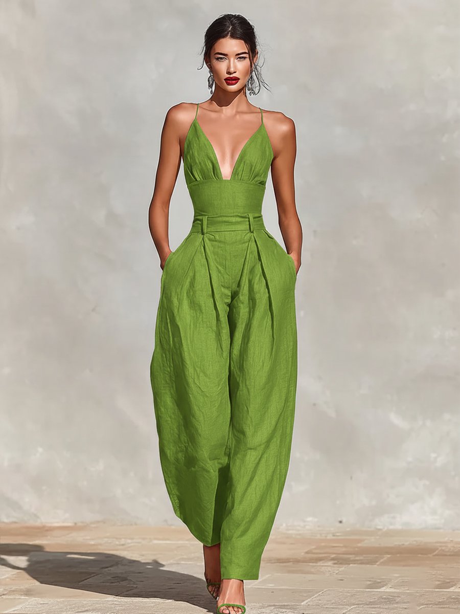 Damen High-Waist Leinen Wide-Leg Spaghetti-Träger Jumpsuit