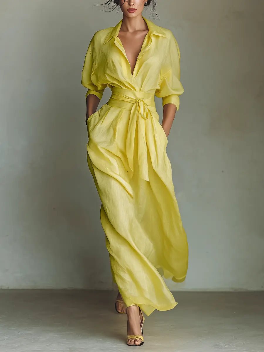 Damen Leinen-Baumwoll Maxi Hemdkleid mit V-Ausschnitt