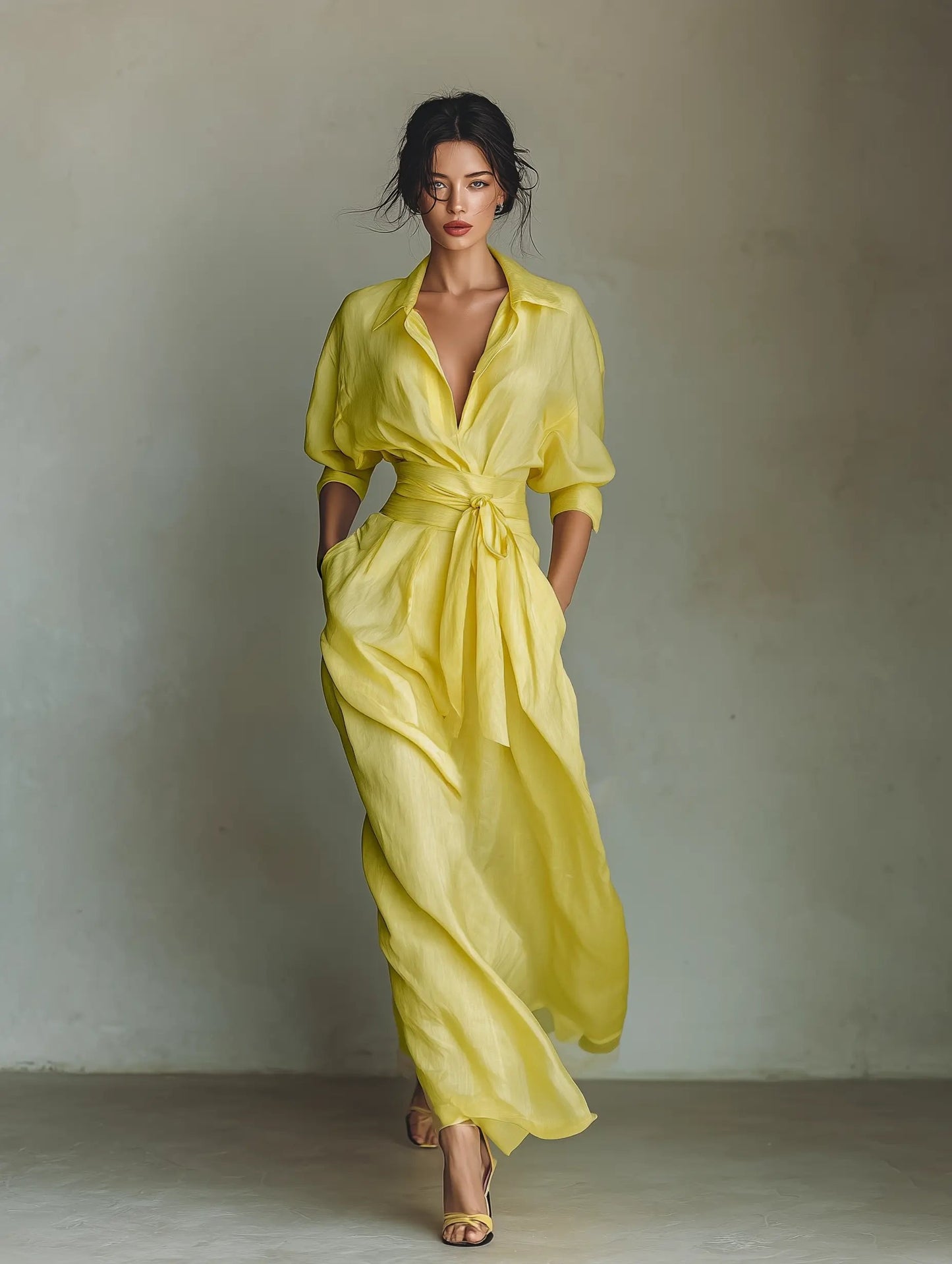 Vestido camisero maxi de lino y algodón con cuello en V para mujer