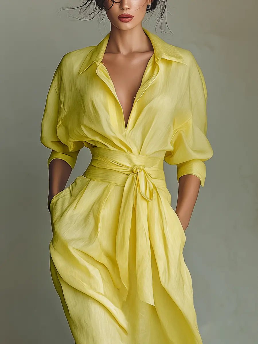 Vestido camisero maxi de lino y algodón con cuello en V para mujer