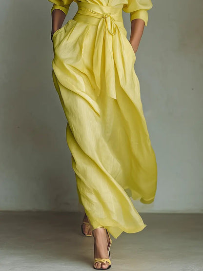 Vestido camisero maxi de lino y algodón con cuello en V para mujer