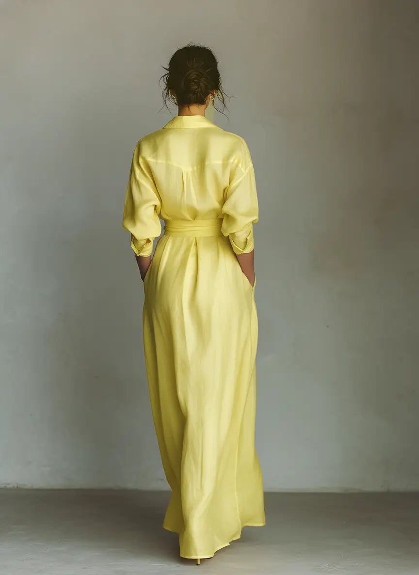 Vestido camisero maxi de lino y algodón con cuello en V para mujer