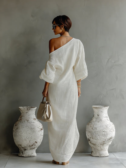 Vestido maxi de lino y algodón de un hombro para mujer - Diseño boho veraniego