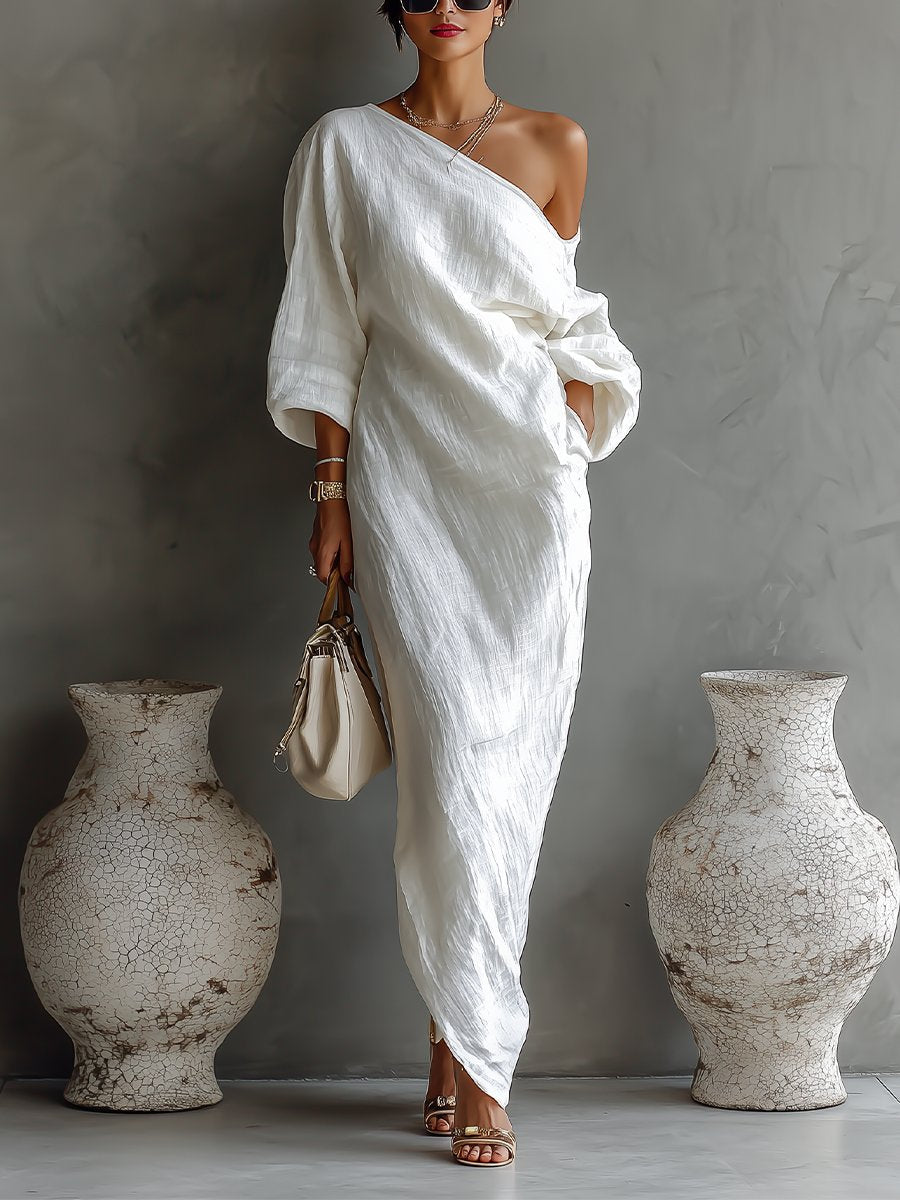 Vestido maxi de lino y algodón de un hombro para mujer - Diseño boho veraniego