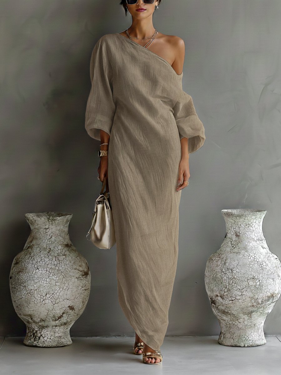 Vestido maxi de lino y algodón de un hombro para mujer - Diseño boho veraniego