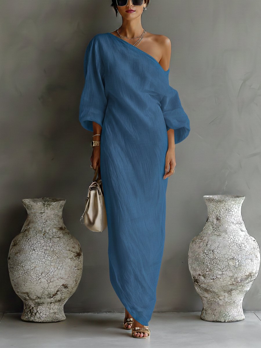 Damen Leinen-Baumwoll One-Shoulder Maxi Kleid