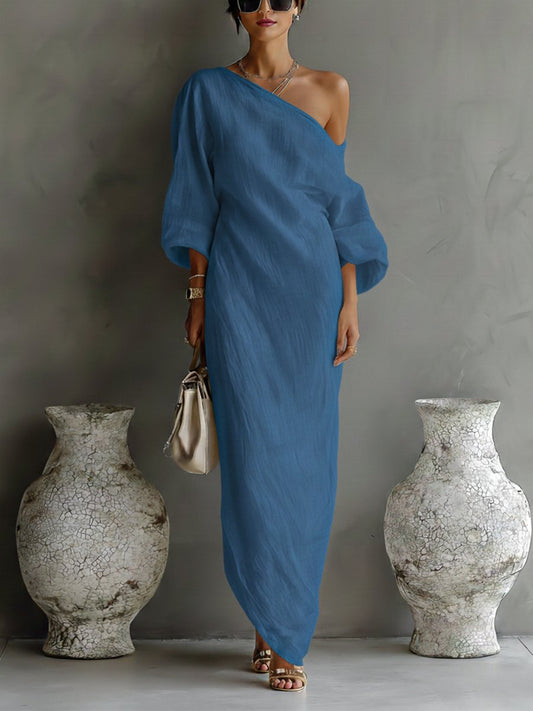 Damen Leinen-Baumwoll One-Shoulder Maxi Kleid