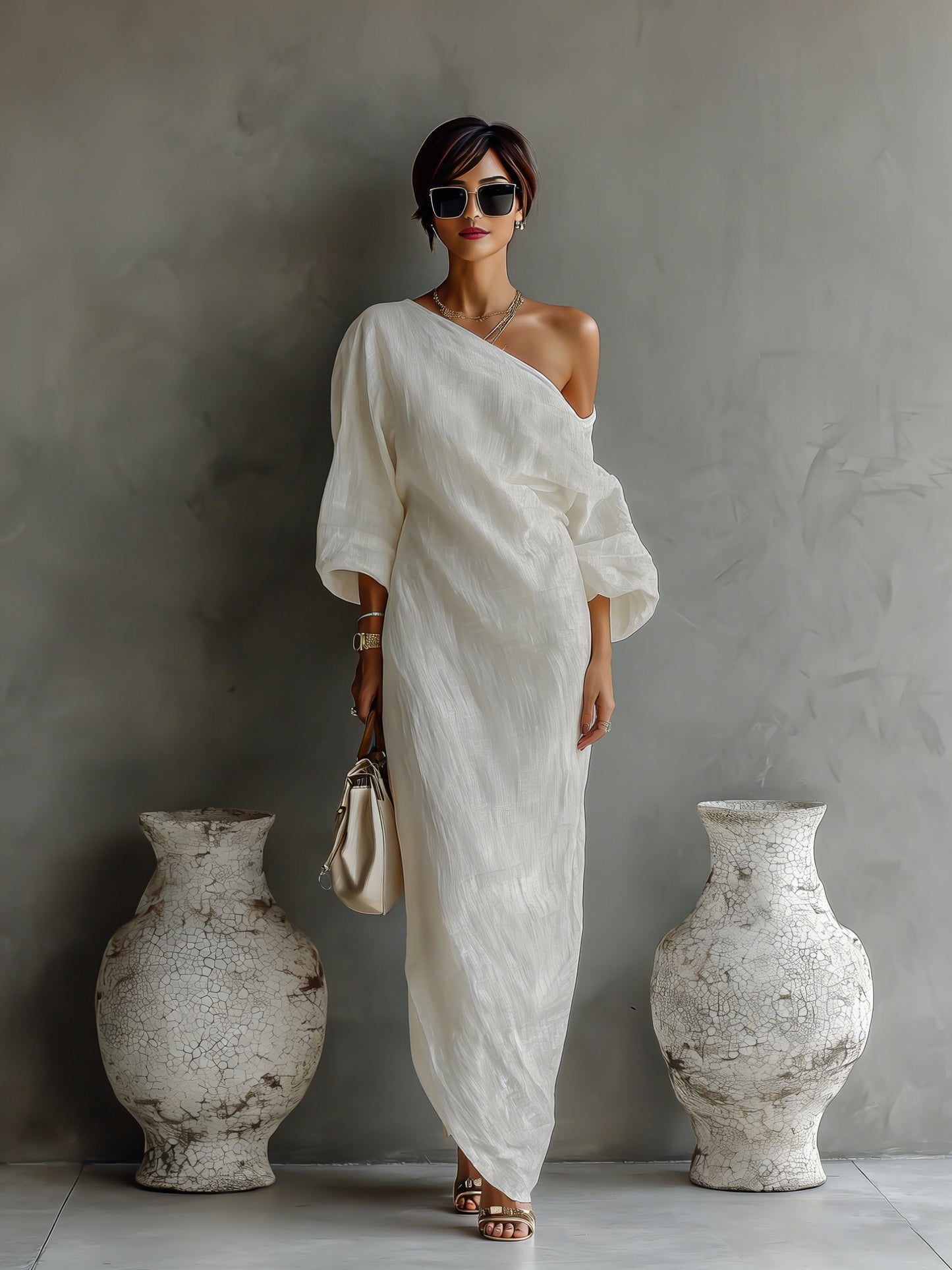 Vestido maxi de lino y algodón de un hombro para mujer - Diseño boho veraniego