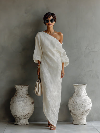 Vestido maxi de lino y algodón de un hombro para mujer - Diseño boho veraniego