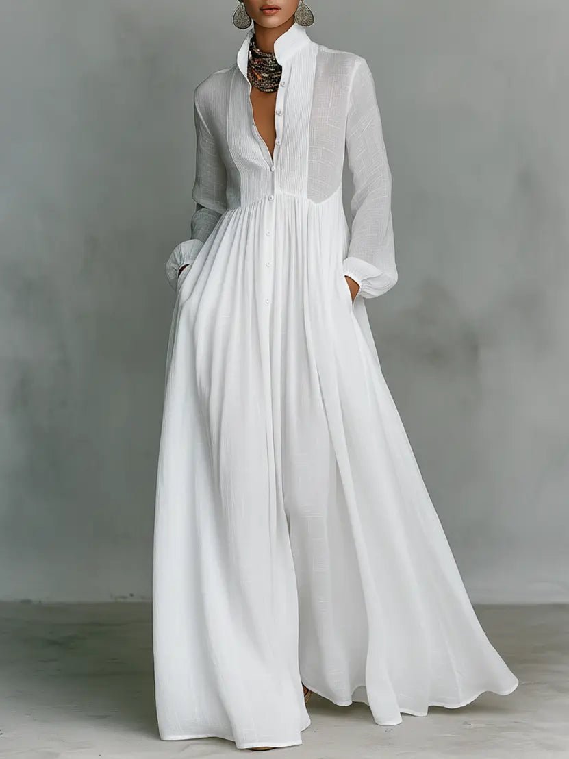 Damen Leinen-Baumwolle Stehkragen Knopfleiste Maxikleid