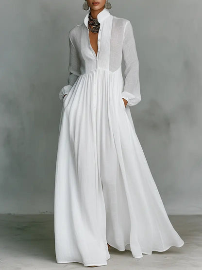 Damen Leinen-Baumwolle Stehkragen Knopfleiste Maxikleid