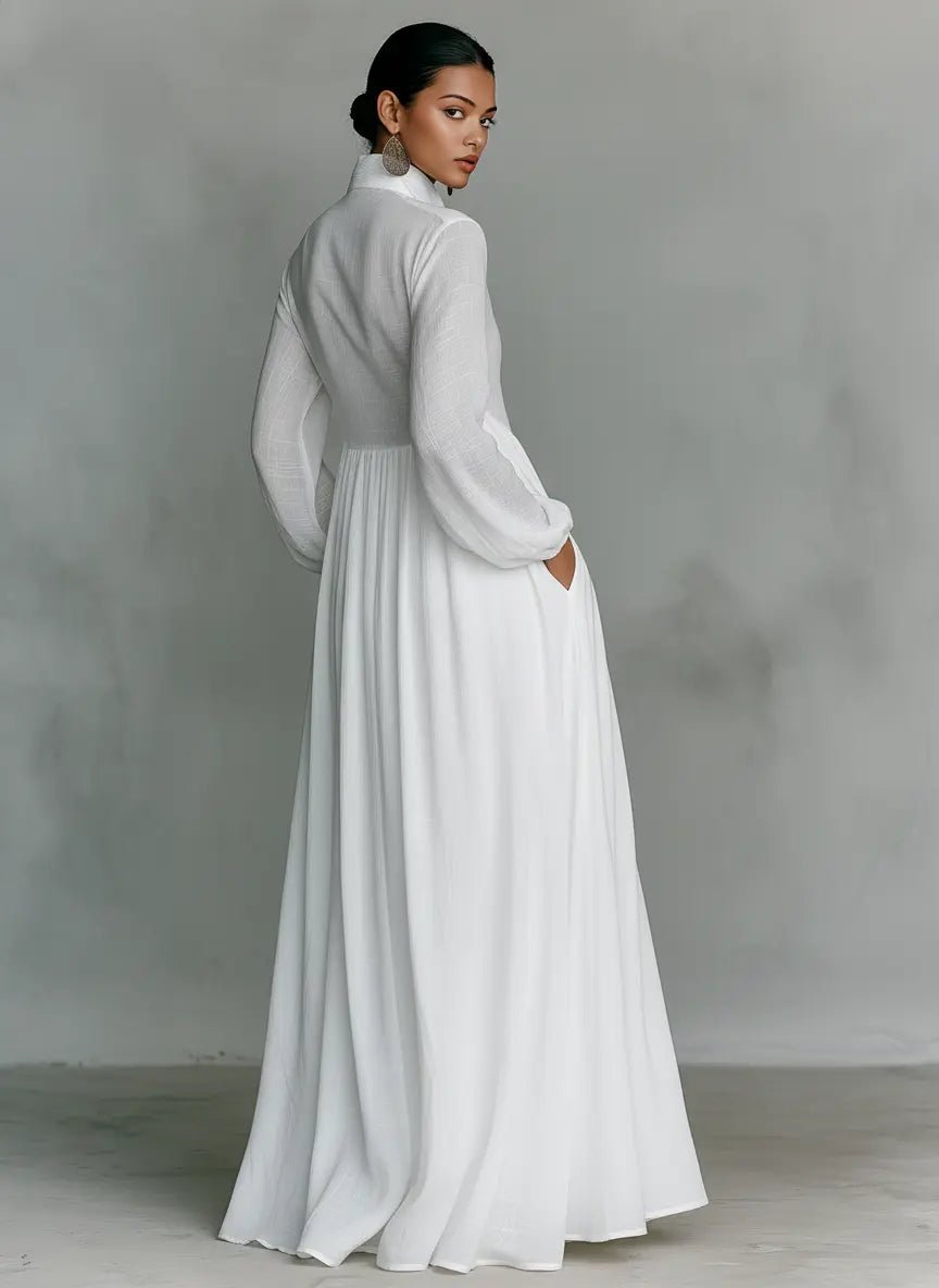 Vestido maxi de lino y algodón con cuellostanding y tapeta de botones para mujer