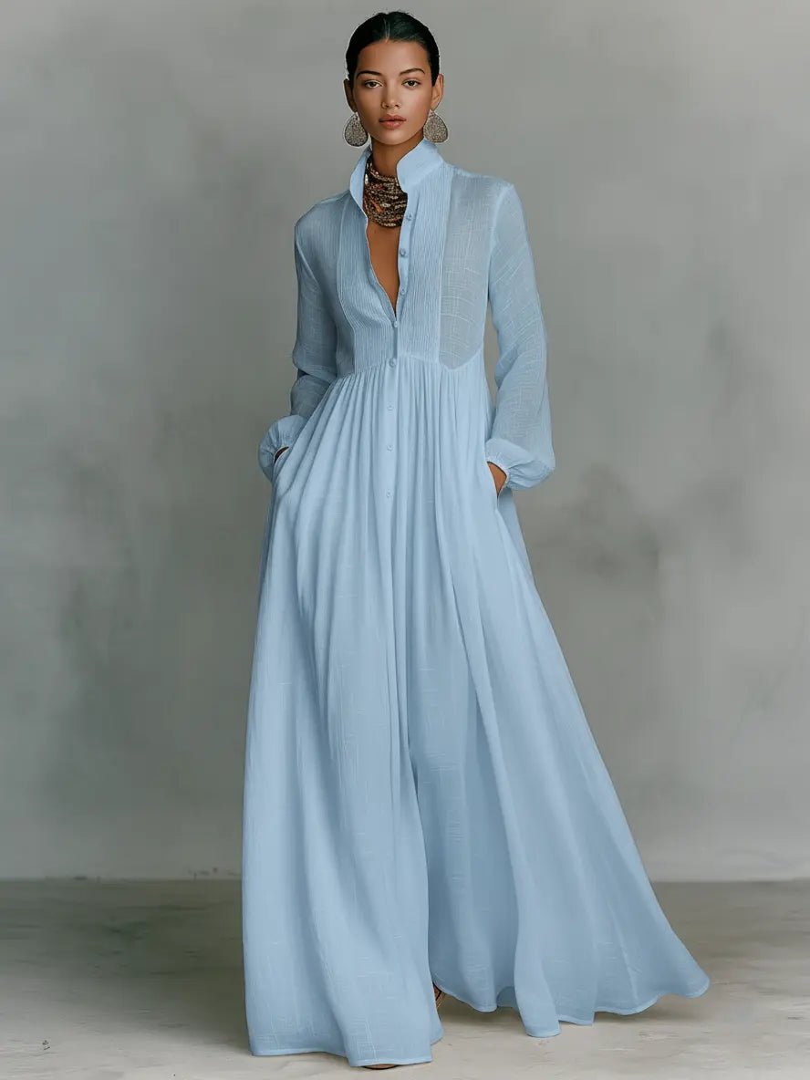 Damen Leinen-Baumwolle Stehkragen Knopfleiste Maxikleid