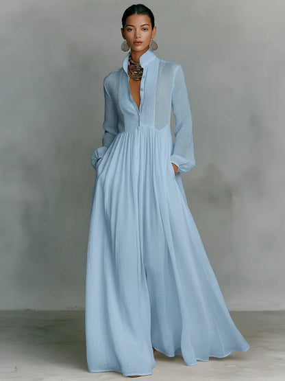 Damen Leinen-Baumwolle Stehkragen Knopfleiste Maxikleid