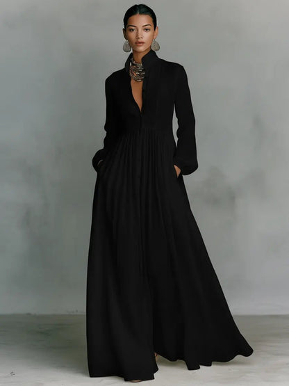 Vestido maxi de lino y algodón con cuellostanding y tapeta de botones para mujer