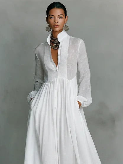 Vestido maxi de lino y algodón con cuellostanding y tapeta de botones para mujer