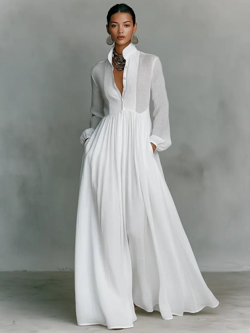 Vestido maxi de lino y algodón con cuellostanding y tapeta de botones para mujer