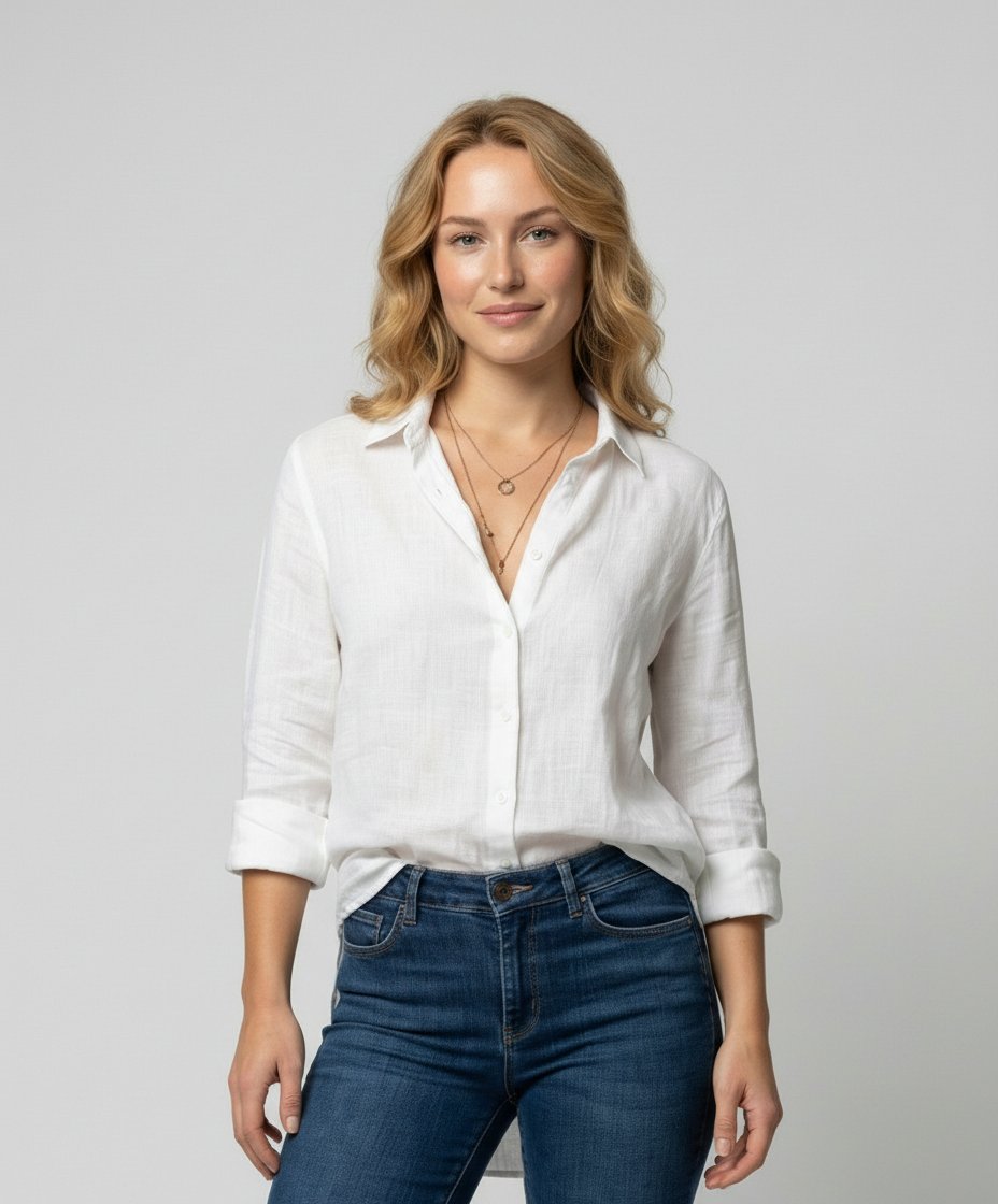 Damen Leinen-Bluse Dreiviertelarm Klassischer Kragen - Gray