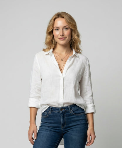 Damen Leinen-Bluse Dreiviertelarm Klassischer Kragen - Gray