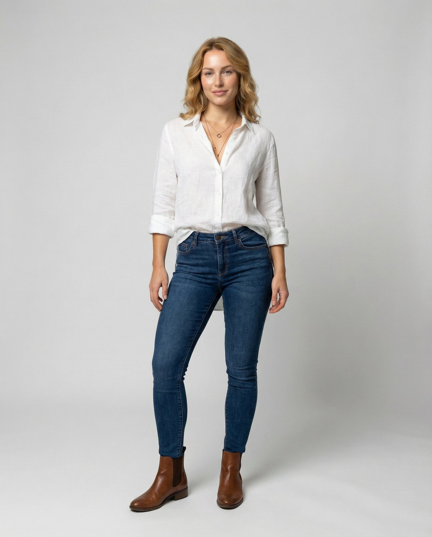 Blusa de lino manga tres cuartos con cuello clásico para mujer - Elegante