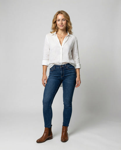 Blusa de lino manga tres cuartos con cuello clásico para mujer - Elegante