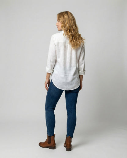 Blusa de lino manga tres cuartos con cuello clásico para mujer - Elegante