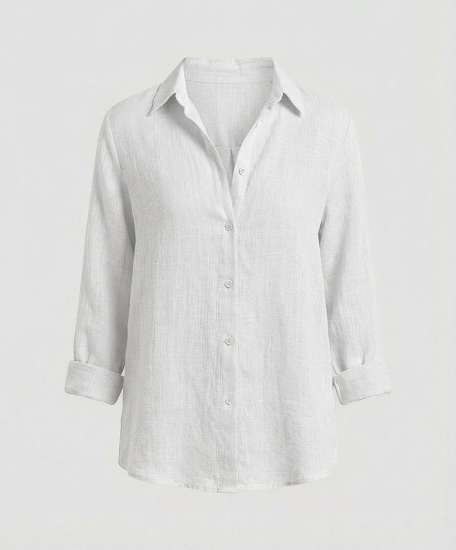 Blusa de lino manga tres cuartos con cuello clásico para mujer - Elegante
