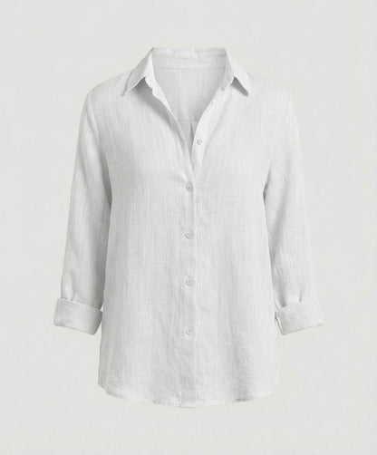 Blusa de lino manga tres cuartos con cuello clásico para mujer - Elegante
