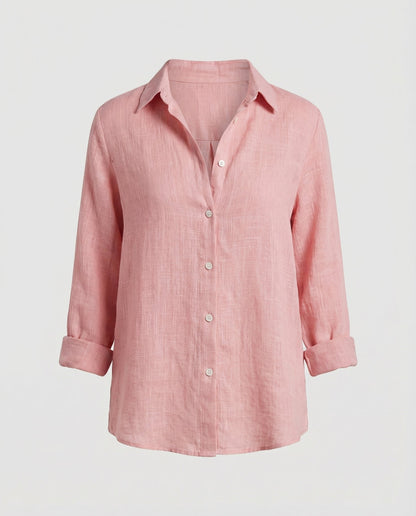 Blusa de lino manga tres cuartos con cuello clásico para mujer - Elegante