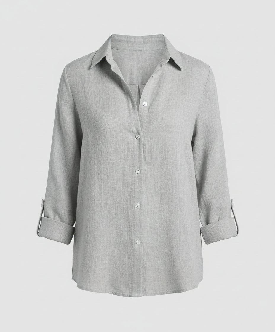 Blusa de lino manga tres cuartos con cuello clásico para mujer - Elegante