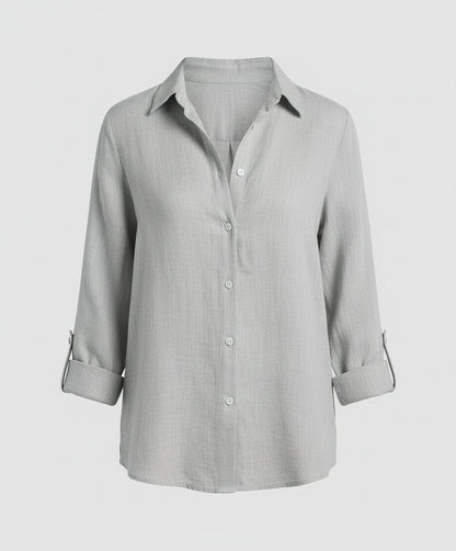Blusa de lino manga tres cuartos con cuello clásico para mujer - Elegante