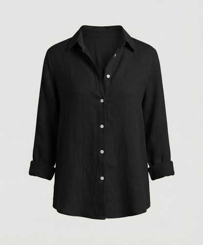 Blusa de lino manga tres cuartos con cuello clásico para mujer - Elegante