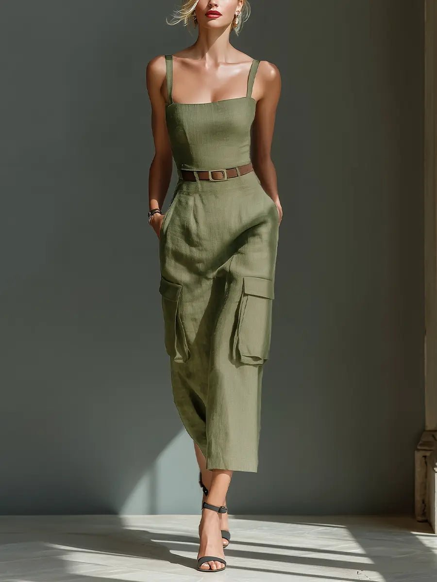 Damen Leinen Cargo Midi Kleid mit Gürtel und Taschen