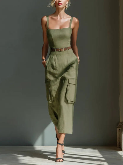 Damen Leinen Cargo Midi Kleid mit Gürtel und Taschen