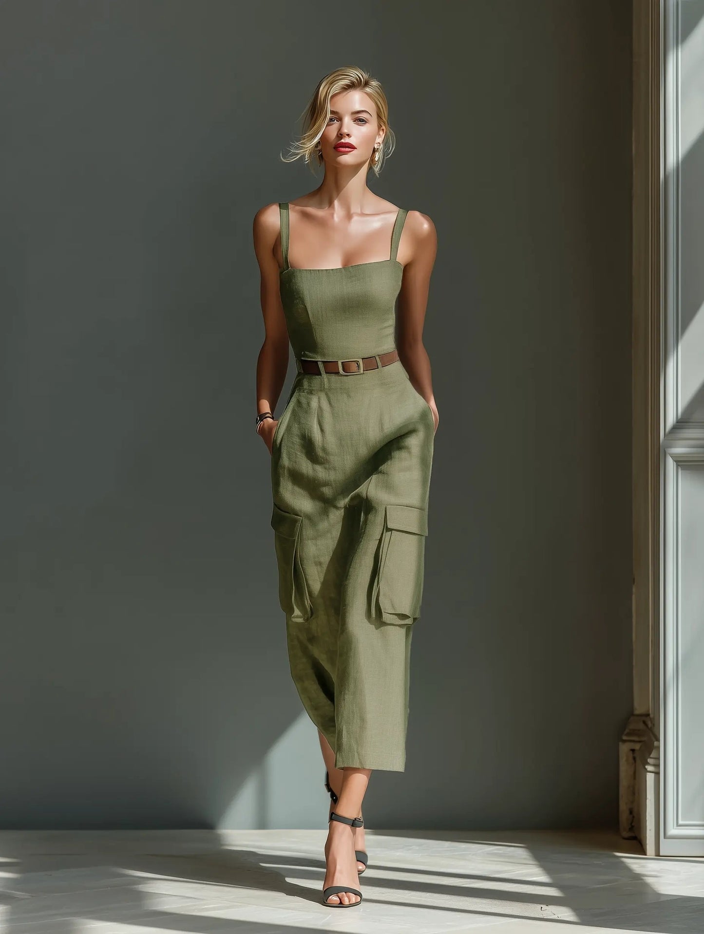Vestido midi cargo de lino con cinturón y bolsillos para mujer - Práctico y elegante