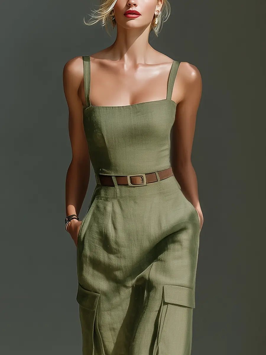 Vestido midi cargo de lino con cinturón y bolsillos para mujer - Práctico y elegante