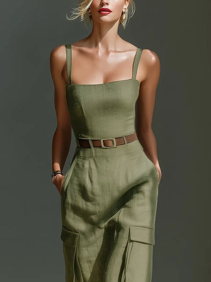 Vestido midi cargo de lino con cinturón y bolsillos para mujer - Práctico y elegante