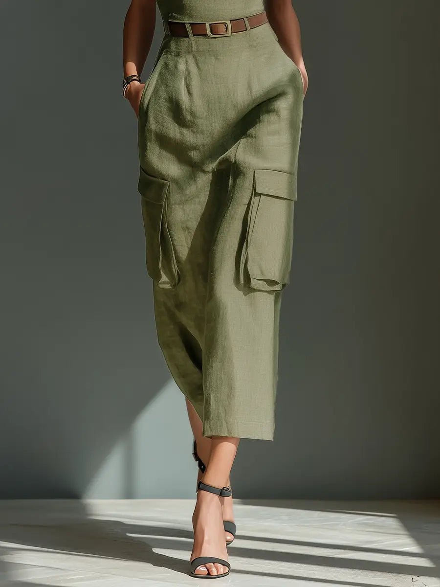 Vestido midi cargo de lino con cinturón y bolsillos para mujer - Práctico y elegante