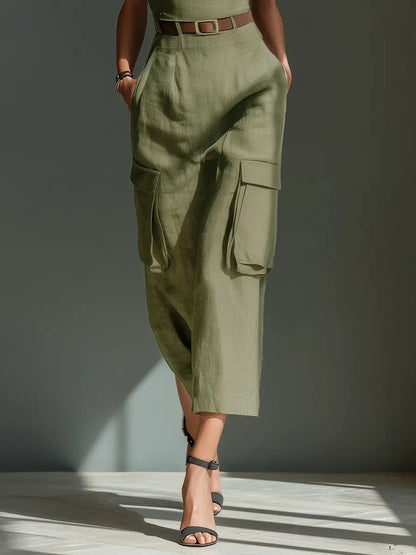 Vestido midi cargo de lino con cinturón y bolsillos para mujer - Práctico y elegante