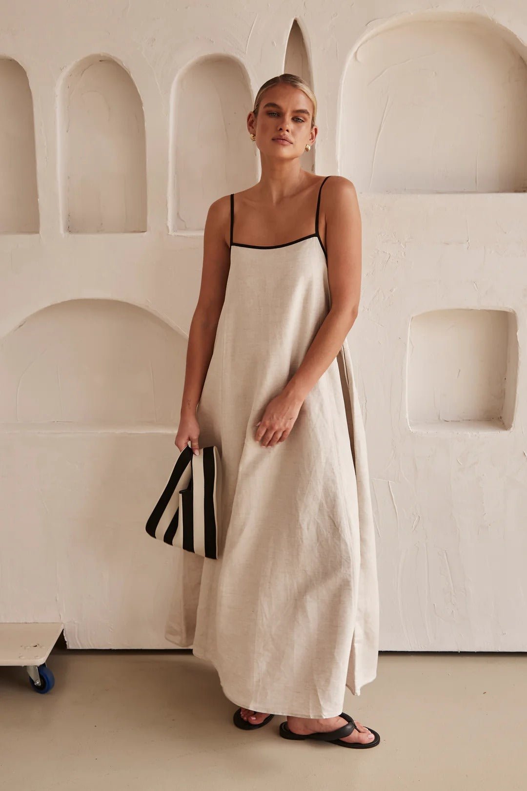 Damen Leinen Maxi-Kleid Trapez-Schnitt Verstellbare Träger