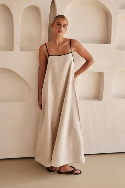 Vestido maxi de lino con corte trapezoidal y tirantes ajustables para mujer