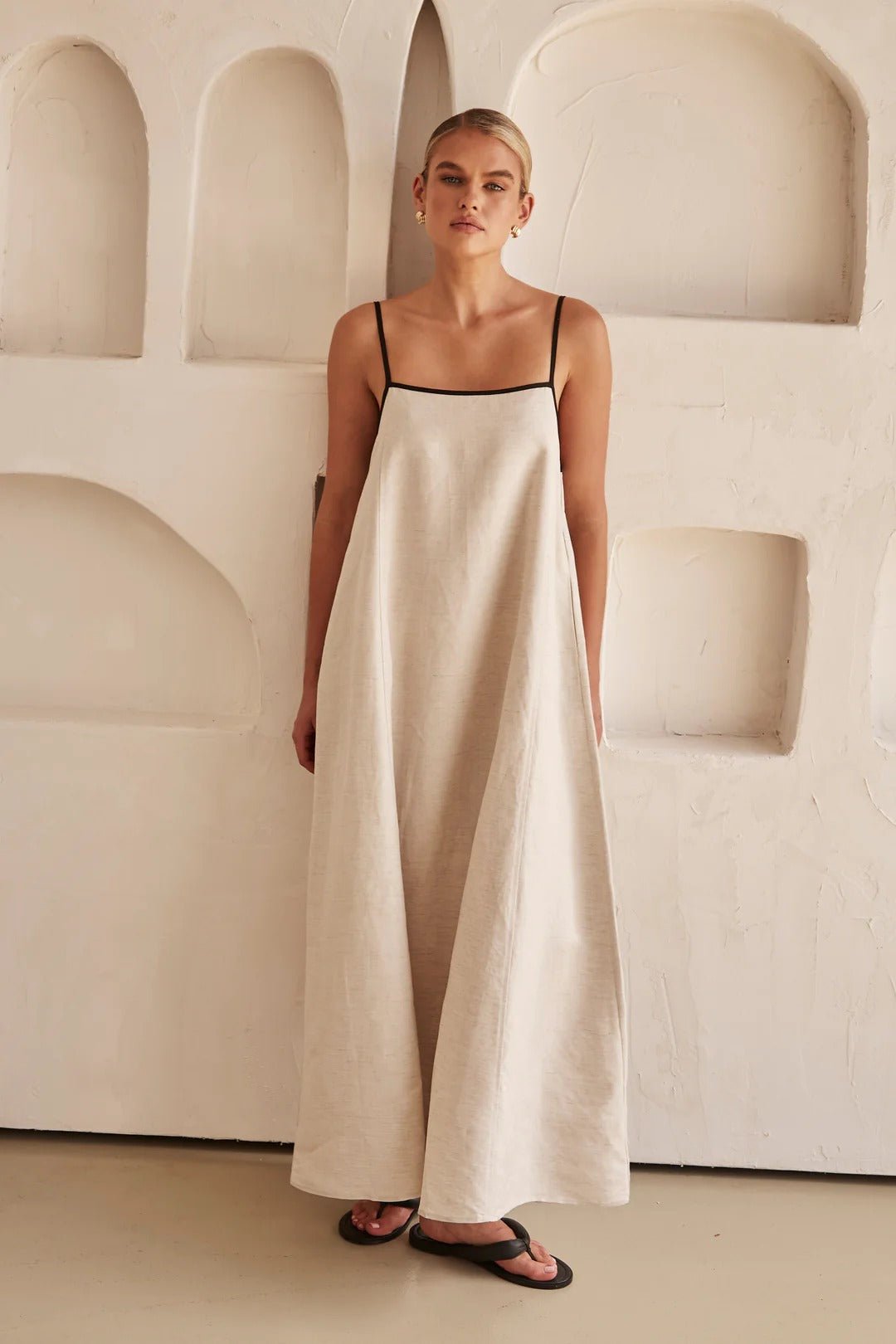 Damen Leinen Maxi-Kleid Trapez-Schnitt Verstellbare Träger