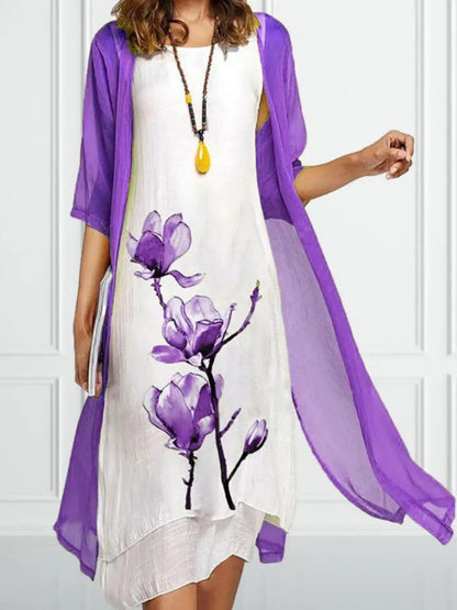 Conjunto vestido midi de lino con cárdigan de gasa para mujer - Sofisticado