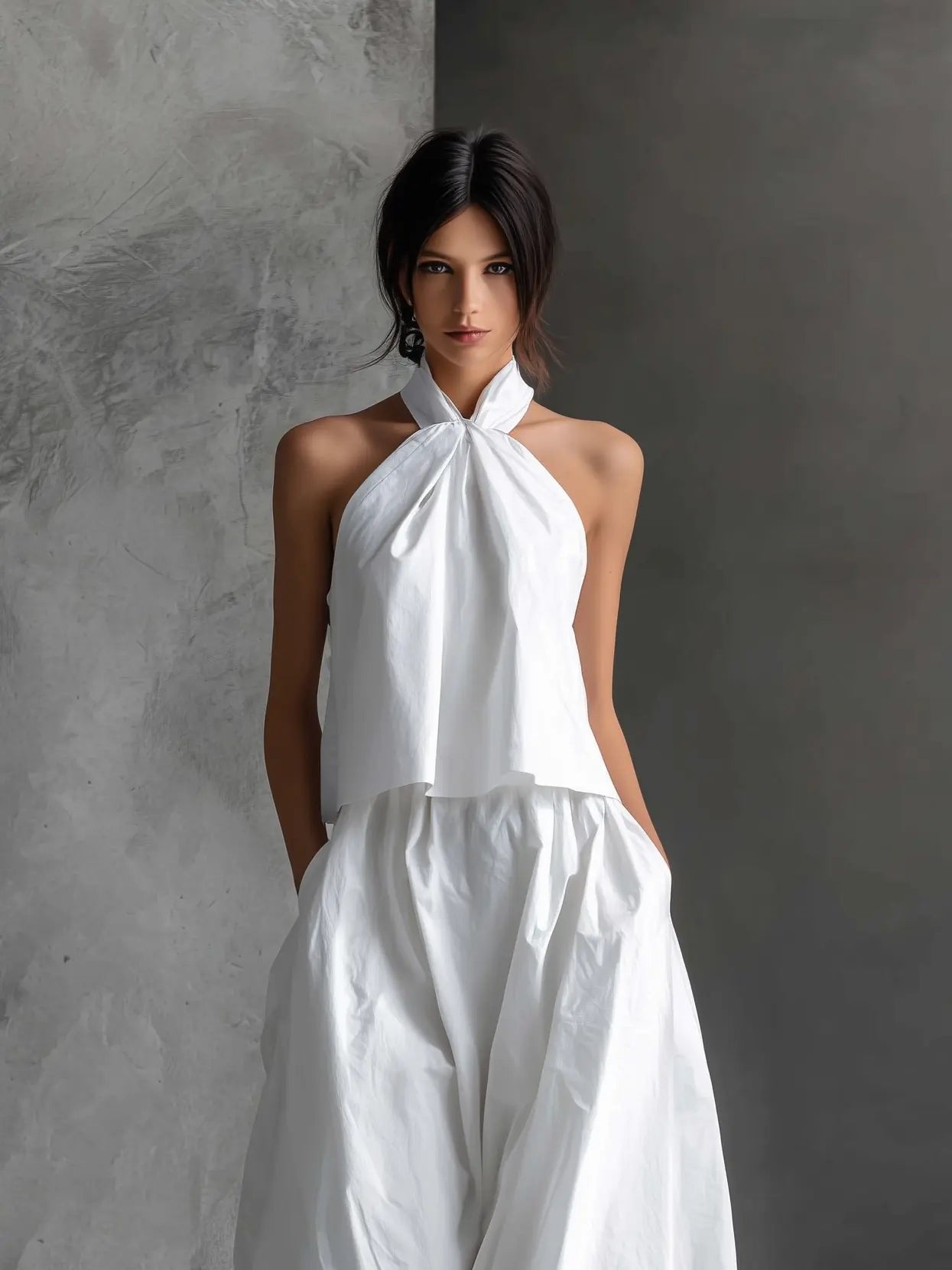 Conjunto top neckholder sin mangas y falda de lino para mujer - Fresco