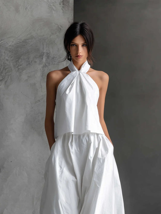Conjunto top neckholder sin mangas y falda de lino para mujer - Fresco
