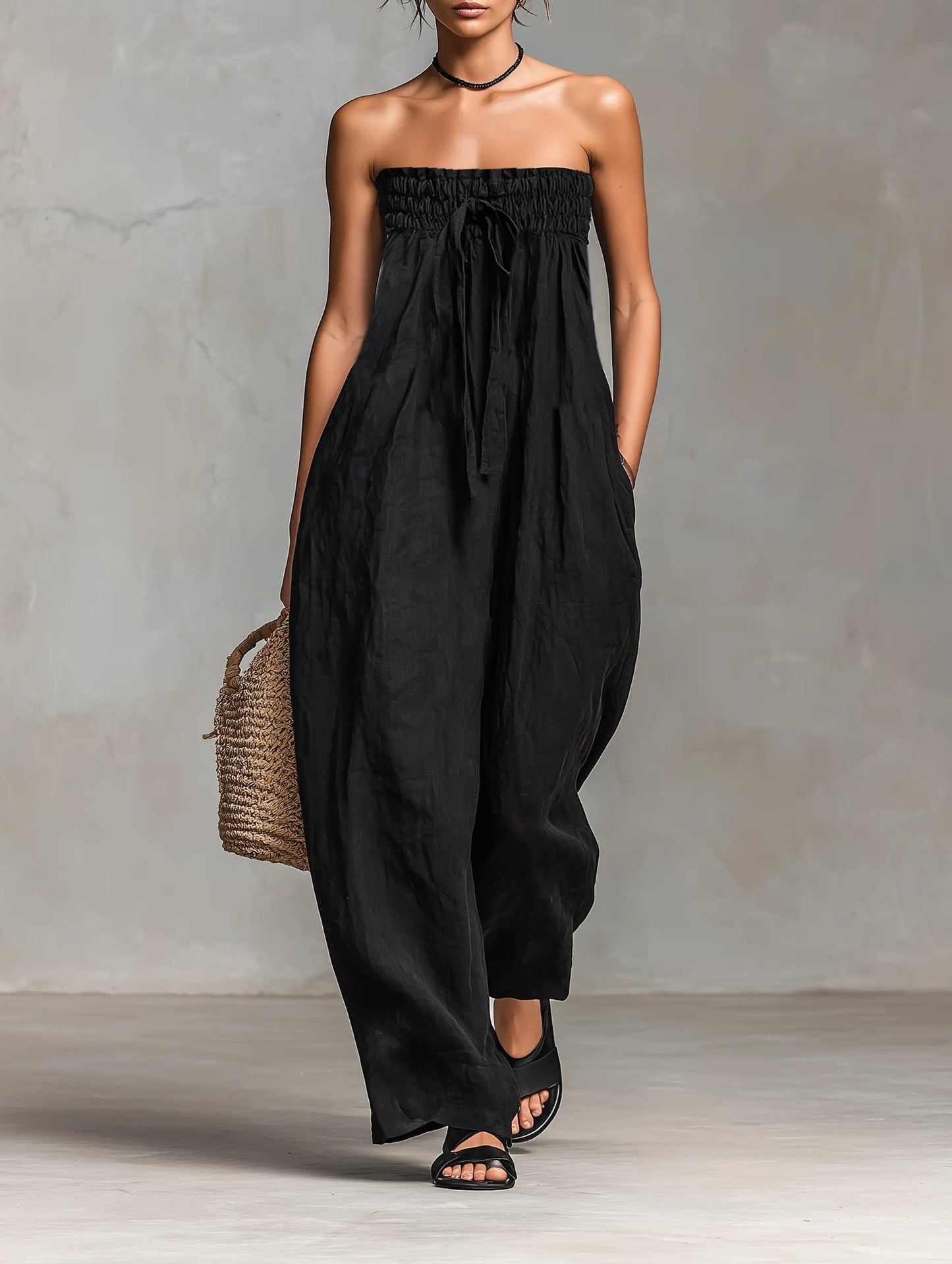Damen Leinen Wide-Leg Trägerloser Jumpsuit mit Bindeverschluss