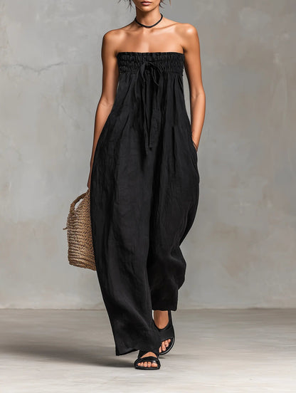 Damen Leinen Wide-Leg Trägerloser Jumpsuit mit Bindeverschluss