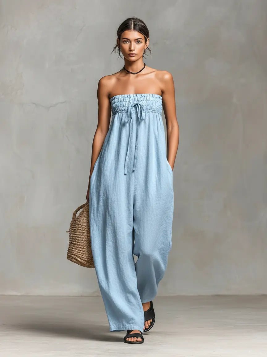 Damen Leinen Wide-Leg Trägerloser Jumpsuit mit Bindeverschluss