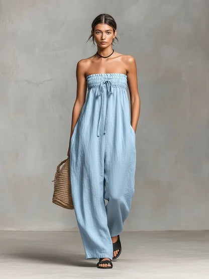 Damen Leinen Wide-Leg Trägerloser Jumpsuit mit Bindeverschluss