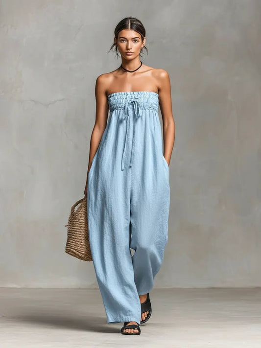 Damen Leinen Wide-Leg Trägerloser Jumpsuit mit Bindeverschluss